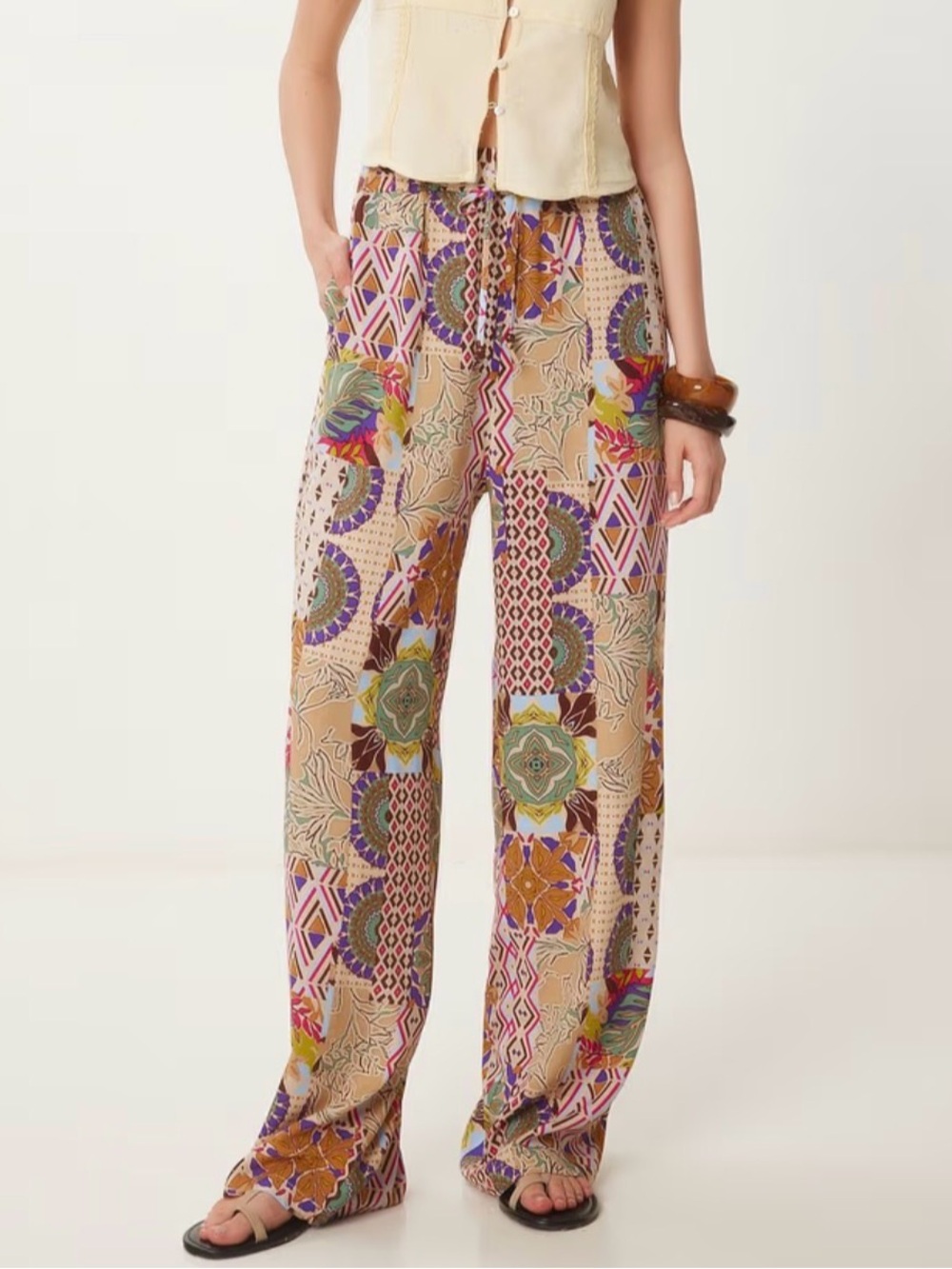 Wide-Leg Patchwork Print Pants - Beige Multi